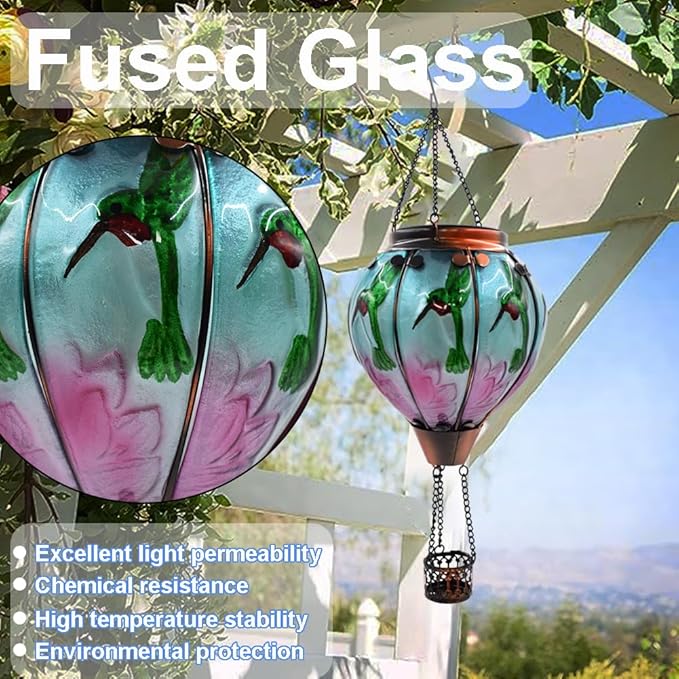 Hot Air Balloon Solar Lantern with Flickering Flame Hanging Solar Lanterns Outdoor Lights Waterproof Lanterns Decorative Garden Patio Yard Party Decor Hummingbirds&Pink Flowers