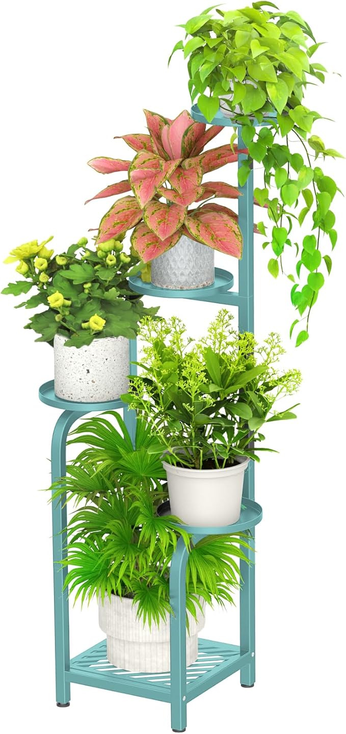 TOSKING 5 Tier Tall Plant Stand Indoor Outdoor, Heavy Duty Corner Shelf for Plants & Decor, Space Saving 3.9FT Metal Flower Pot Stand for Balcony, Garden, Living Room, Patio (Blue, 47in)