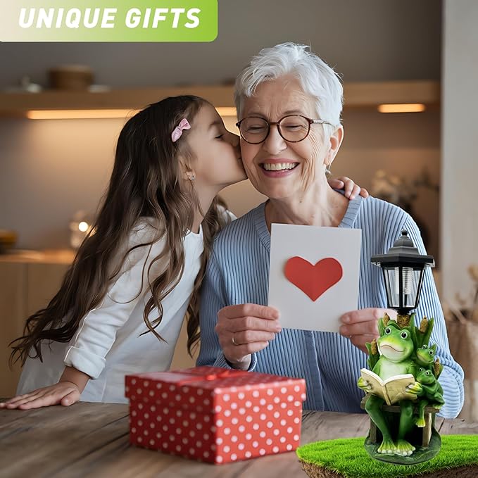 Frog Garden Statue with Solar Lantern - 16“ Outdoor Solar Lights Frog Figurine for Outside, Yard, Patio, Lawn Decor, Housewarming Gifts for Women, Mom