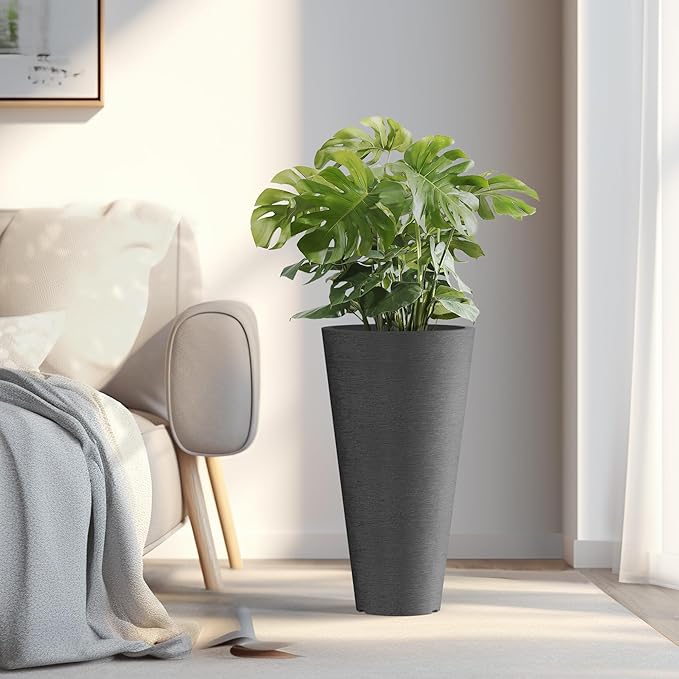 Kante Tall Round Planter Set of 2, 23" H Large Decorative Planter Pots for Outdoor Indoor Garden Patio Front Porch (Black)