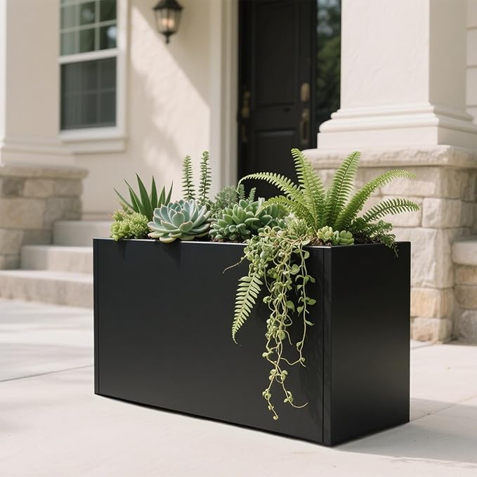 GSK Black Metal Planter Versatile Box with Drainage Holes Galvanized Painted Iron Flower Boxes for Indoor Outdoor Use Ideal Patio Balcony Garden Elevated Plant Bed