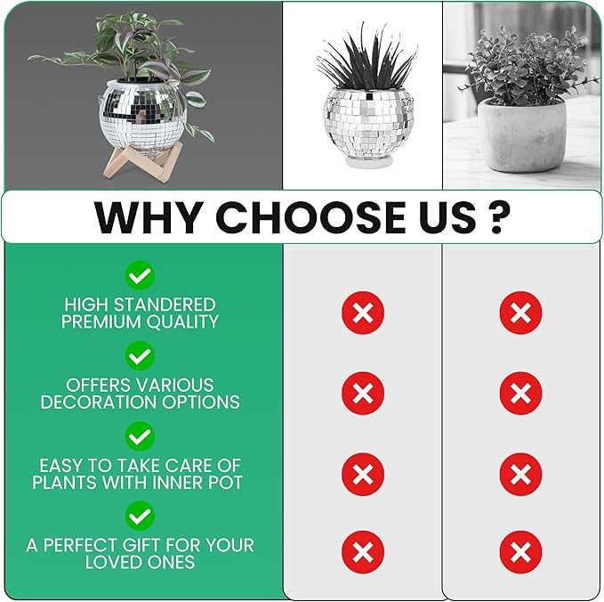 6" Disco Ball Planter – Rotating Mirror Planter with Macrame Hanger & Wooden Stand for Indoor and Outdoor Plants