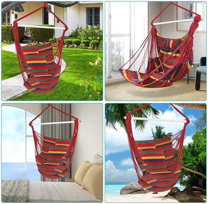 Outerman Hammock Chair, Hanging Chair with 3 Cushions and Foot Rest Support, Sturdy Metal Spreader Bar Max 440 Lbs, Swing Chair for Bedroom, Indoor & Outdoor, Patio, Porch or Tree（Red）