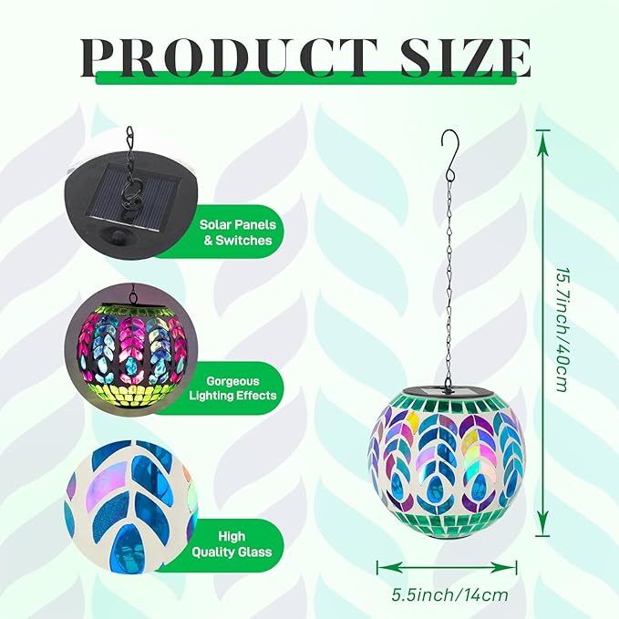 Solar Hanging Lanterns Outdoor Waterproof Glass Mosaic Gazing Ball Globe Hanging Lantern Lights for Patio Garden Yard Home Decor (Colorful)