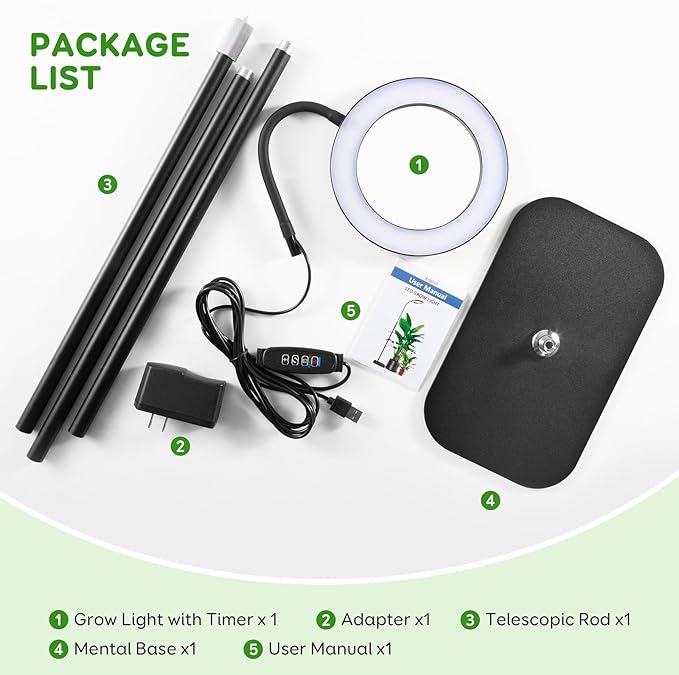 One Head Grow Lights for Indoor Plant Full Spectrum, Plant Lights for Indoor Growing with 3/9/12 Timer, 5 Dimmable Levels,Height Adjustable 16.5''-61",Strong Base for Large Plants Happy Light