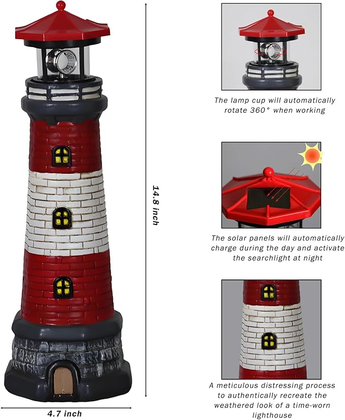 Solar Lighthouse Garden Outdoor Statues, Waterproof Lawn Lights Decor; Automatic Rotating Solar Lights for Yard, Patio, Ground, Tabletop Decoration; Unique Housewarming Gifts - 2PACK