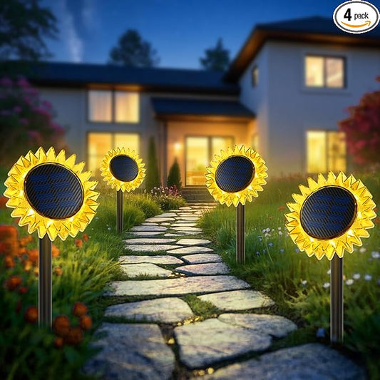 Outdoor Solar Lights, 4 Pack Led Solar Sunflower Lights, Stake/Wall 2-in-1 Waterproof Solar Garden Lights for Yard, Landscape, Fence, Patio, Driveway, Pathway, Backyard Decoration (Warm White)