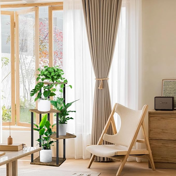 4 Tier Wood Tall Plant Stand Metal Rack Indoor, Multiple Flower Pot Holder Shelves Corner Rack, Planter Shelf Display Rack Storage Organizer for Patio Living Room Balcony Garden(Black)