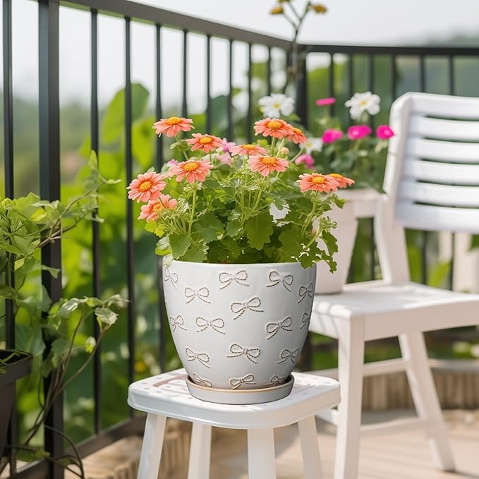 Ceramic Pots for Plants - 8 Inch Plant Pot with Drainage Hole and Saucer Large Planter Pot for Indoor Plants Outdoor Modern Flower Pot Home Decor White