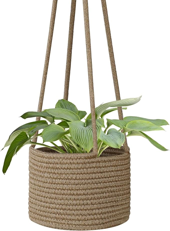 Flexzion Hanging Plant Basket, Boho Cotton Rope Basket Indoor Hanging Planter, Up to 7" Flower Pot, Macrame Woven Modern Plant Holder, Storage Bin Organizer, Home Decor with 20" Hanging Rope, Brown