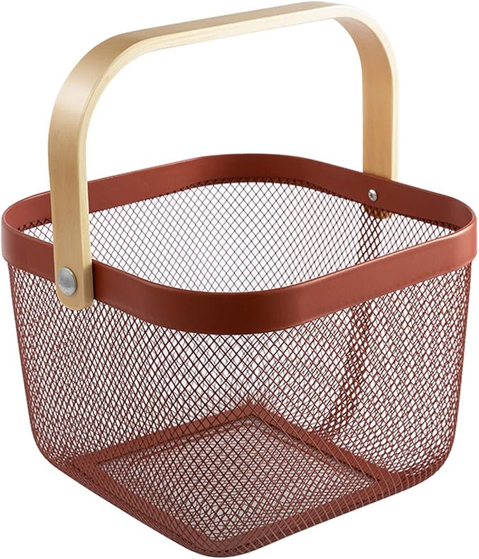 Metal Mesh Steel Basket, Storage Organizer Basket Multi-functional Hanging Kitchen Baskets Fruit Basket Bin with Bamboo Handle for Kitchen Bathroom Picnic Shopping Decor Cabinet Home, Red