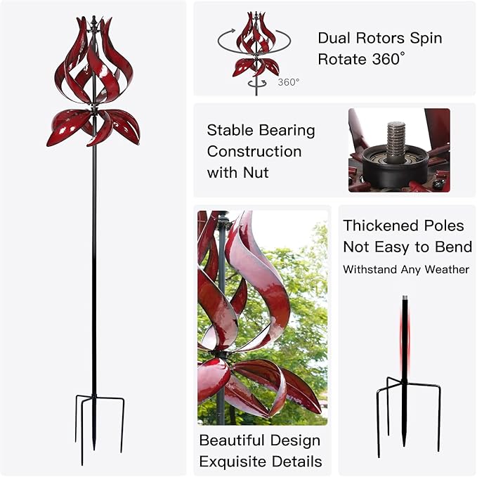 Yard Garden Wind Spinners - Large Outdoor Metal Wind Spinners with Stake, Yard Art Lawn Garden Decor (19" W x 87" H)