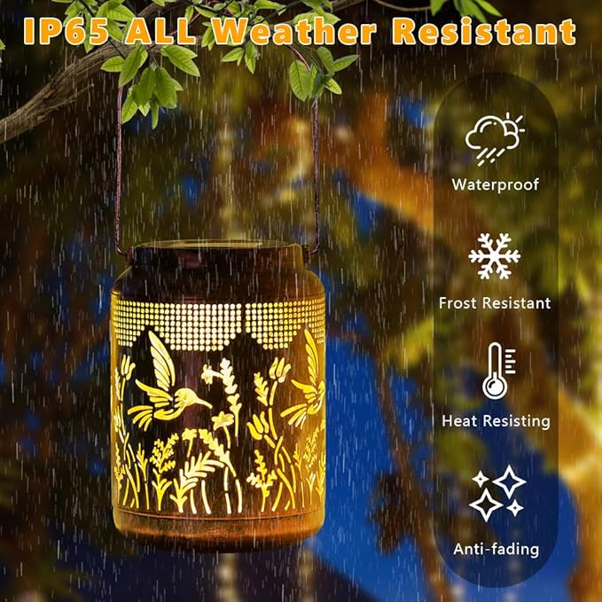 2 Pack Hummingbird Solar Lanterns Outdoor Waterproof LED 6.9" Metal Hanging Solar Lights Outdoor Hummingbird Decorative Lanterns for Patio,Garden,Pathway,Lawn Yard Birthday Gifts for Women Mom
