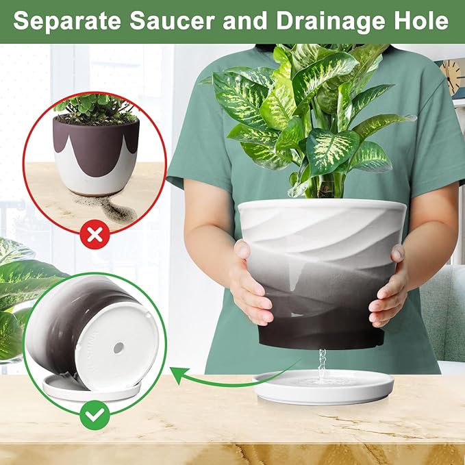 8 Inch Plant Pot, Ceramic Planter with Drainage and Saucer, Ceramic Pots for Plants, Indoor Plant pots,Ceramic Flower pots(Dark Gray+White)