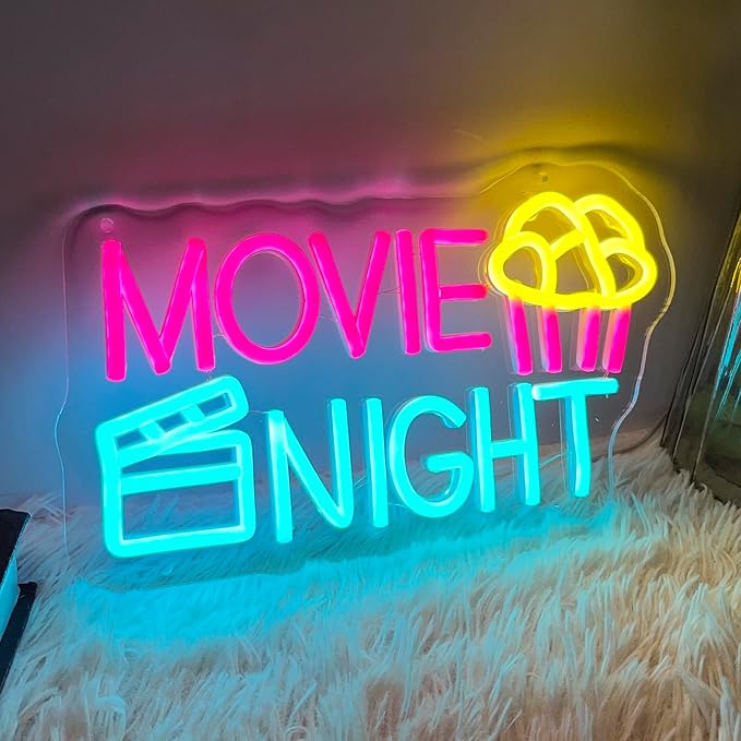 Movie Night Neon Sign With Popcorn Dimmable LED Neon Lights for Wall Decor USB Powered Light Up Signs for Bedroom Living Room Cinema Film Room Man Cave Home Bar Wedding Birthday Party