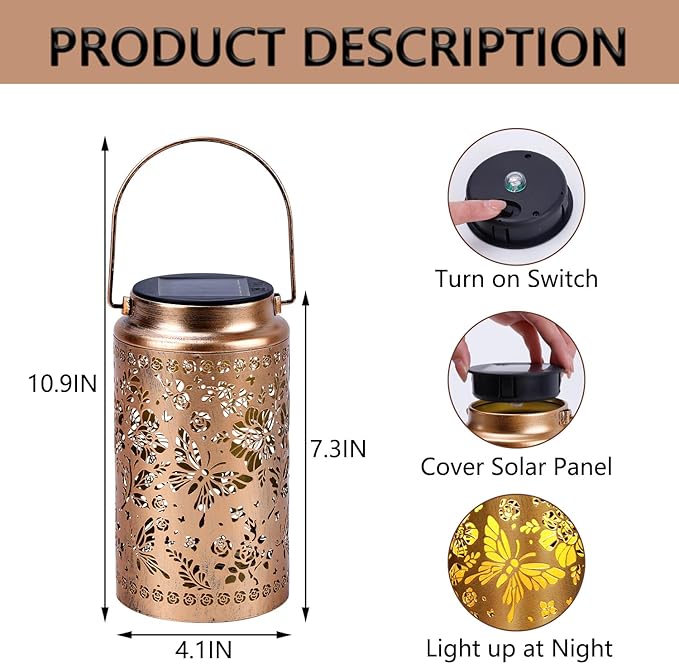 Butterfly Solar Lanterns Outdoor Waterproof, Metal Hanging Lights Decorations for Garden Yard Lawn Patio, Unique Butterfly Gifts for Women Mom Grandma Gardener Mother in Law Christmas