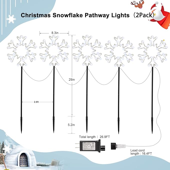 Snowflake Lights Outdoor, 5 Large Snowflake Christmas Pathway Lights Outdoor Christmas Decorations Yard Sidewalk Walkway Driveway Marker Stake, White