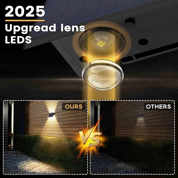 Fence Lights Solar Powered, 6-Pack Solar Fence Lights Up/Down Flexible Buttons, IP67 Waterproof for Outdoor, 120LM Bright, Auto Dusk to Dawn for Wall/Stairs/Yard/Railing/Deck/Pathway (Warm White)