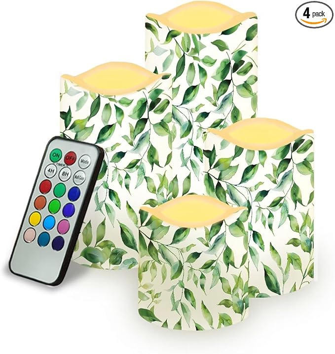 Ystardream Green Leaf Flameless Candles with Timer 4 PCS Led Candle Battery Operated Fake Candle for Indoor Outdoor,Virthdays,Christmas,Thanksgiving,Valentine's Day