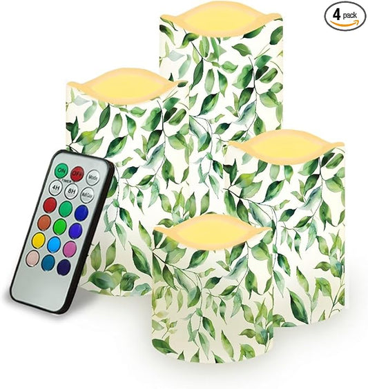 Ystardream Green Leaf Flameless Candles with Timer 4 PCS Led Candle Battery Operated Fake Candle for Indoor Outdoor,Virthdays,Christmas,Thanksgiving,Valentine's Day