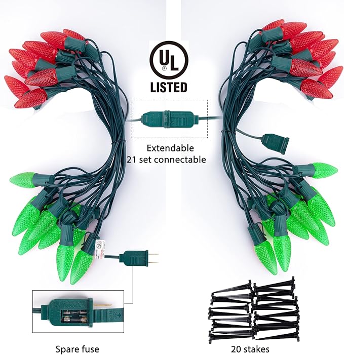 C9 LED Christmas Lights Outdoor with stakes, 25.7ft 20 LED Strawberry String Lights, Connectable Shatterproof Pathway Lights Marker for Path, Lane, Patio, Xmas Holiday Decorations, Red and Green