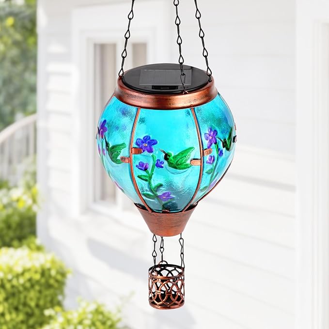 Hummingbird Solar Hot Air Balloon Lantern,Outdoor Decor with Flame Lights Waterproof, Hanging for Garden Yard Lawn Patio, Unique Gifts for Women Mom Grandma Gardener for Mother'Day Christmas