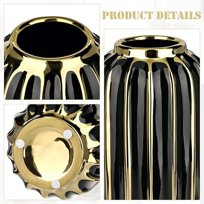 Briful Gold Plated Lantern Ceramic Vase Home Decor Creative Design Porcelain Decorative Flower Vase 8.66'' Black Ceramic Vases for Wedding Anniversary Decoration