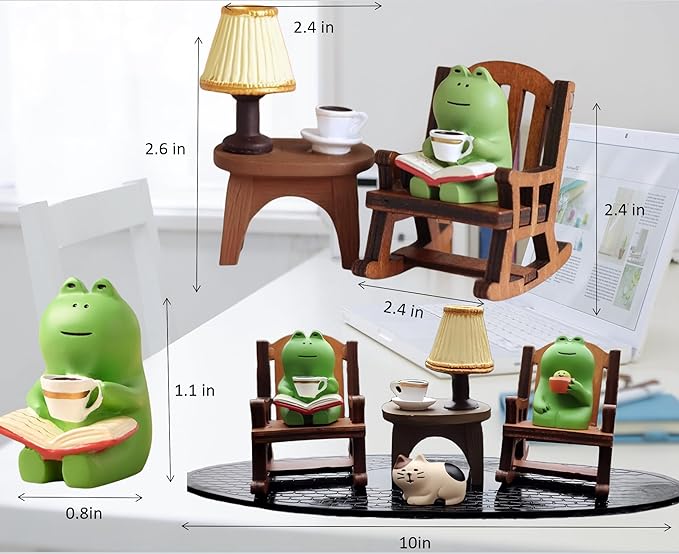 7 Pcs Cute Frog Rocking Chair Set with Miniature Frog Figurines, Mini cat, and Whimsical Trinkets - Versatile Decor for Office, Home, Yard, Patio, and Lawn
