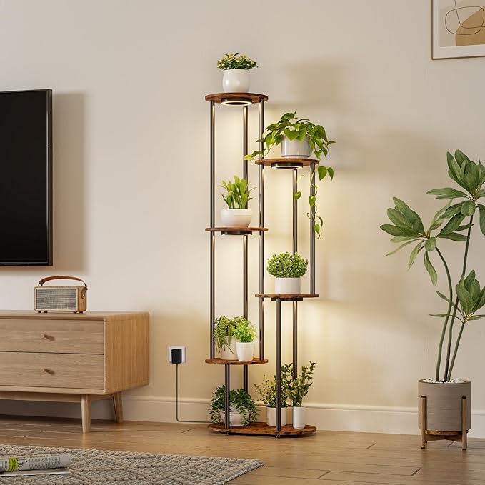 Plant Stand Indoor with Grow Light, 50" High Indoor Plant Shelf, 6 Tier Flower Stand with Plant Light Full Spectrum, Metal Plant Holder with Light, Double-Row Discs Plant Rack for Home, Corner