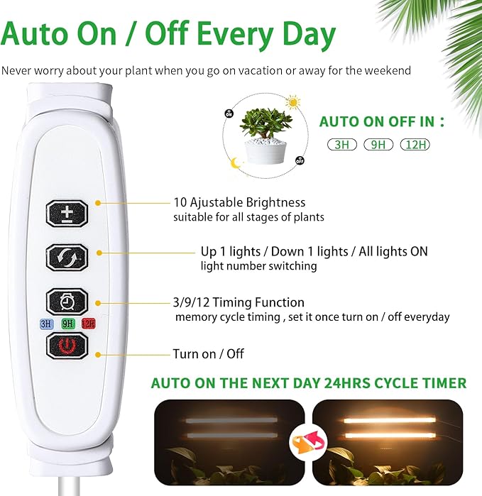 LED Grow Light Strips, Grow Lights for Indoor Plants Full Spectrum 3000K, 96 LEDs Plant Light with 3/9/12H Timer, 10 Dimmable Levels for Seedling Succulent, 2 Head 13 Inches