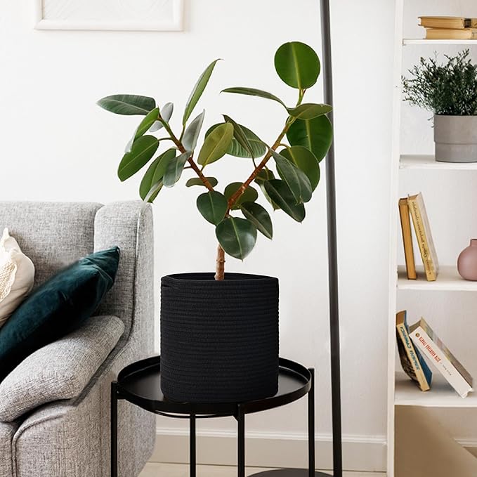 Cotton Rope Plant Basket, Woven Basket Planter for 10 inch Pot, Round Indoor Tree Pot Cover, Small Storage Bin Organizer, Modern Basket for Plants and Home Decor, 11”X11”, Black