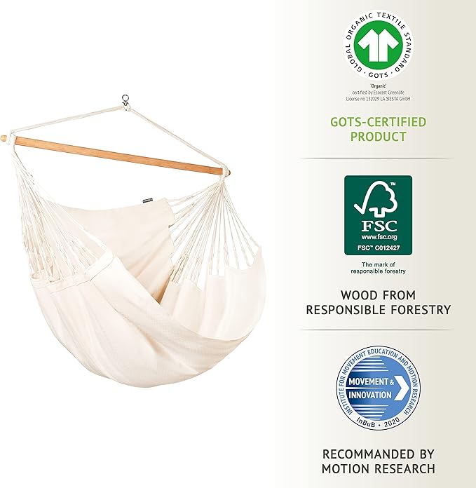 La Siesta® - XL King Habana Cotton Hanging Hammock Chair, Indoor Outdoor Hammock Swing Chair, Boho Hanging Chair Bedroom Patio, Max 355 Lbs, Latte