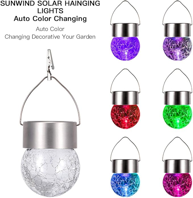 SUNWIND Hanging Solar Ball Lights Outdoor - 8 Pack Auto Color Changing Cracked Glass Decorative Garden Lights Hanging Solar Lanterns for Yard, Patio, Fence, Tree, or Holiday Decoration(Multi-Color)