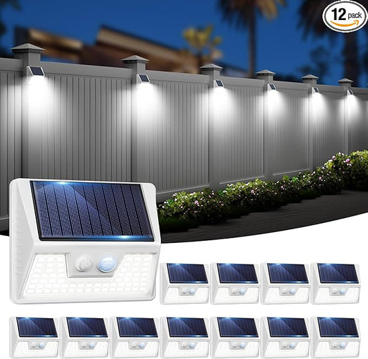 12 Pack Solar Lights Outdoor Motion Sensor, Waterproof Fence Lights with 3 Lighting Mode, Cool White LED Security Deck Lights for Outside Wall Yard Steps Stairs Garden - White