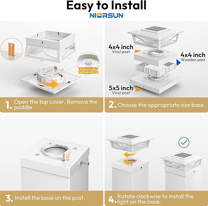 NIORSUN Solar Post Cap Lights Outdoor, 2 Modes LED, Deck Fence Post Solar Lights for 3.5x3.5 4x4 5x5 Caps Patio Garden Decoration, Warm White/Cool White Lighting White 4 Pack