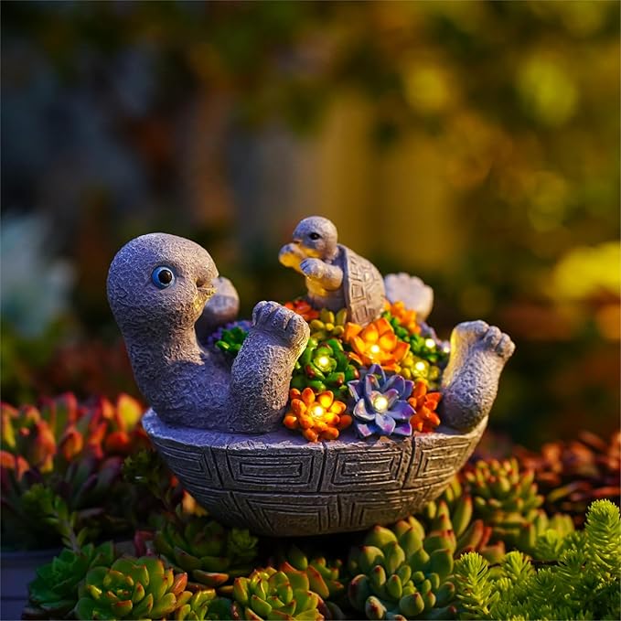 Solar Turtle Figurines Garden Decor, Cute Turtle Statue with Baby with 8 LED Solar Lights Garden Lawn Decorations for Patio & Yard, Gifts for Mom