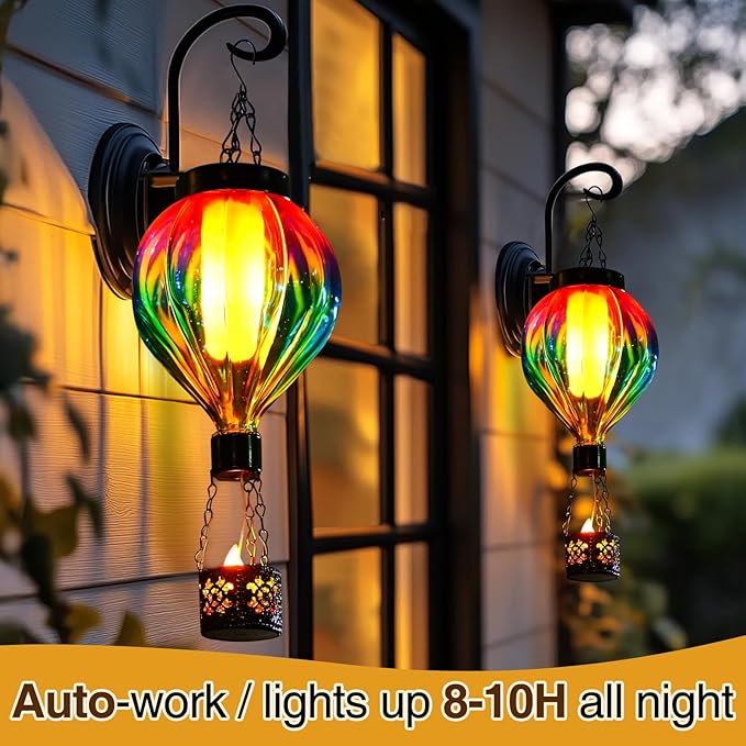 Hot Air Balloon Solar Lantern Outdoor Waterproof with Flickering Flame Gifts for Women Grandma Mom Glas Hanging Solar Lights Decorative for Outside Wall Front Porch Yard Garden Fence