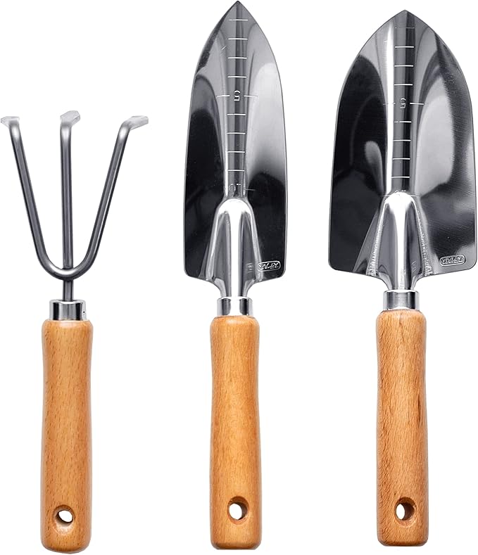 Japanese Garden Tool Set 3 Pcs, Heavy Duty Japanese Stainless Steel, Made in Japan (Large Trowel, Transplant Trowel, Hand Cultivator), Wood Handle