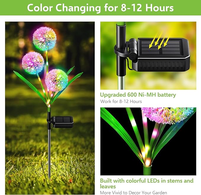 4 Pack Solar Garden Lights Outdoor Decor, New Version 12 Glowing Dandelion Lights & Stems with 144 Colorful LED, 2 Modes Control Solar Lights Outdoor Waterproof IP65 for Yard, Lawn, Pathway
