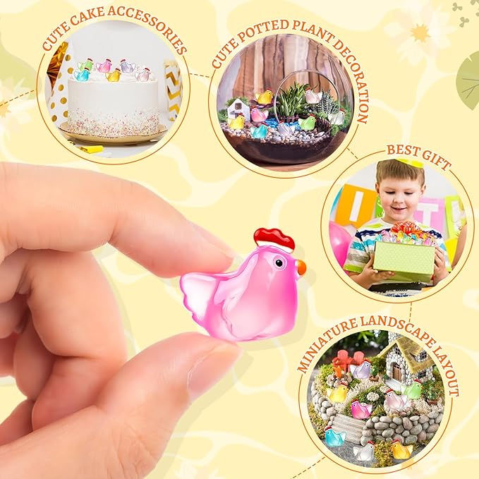 64PCS Luminous Mini Chicken Figurines Resin Miniature Animals, 8 Colors Tiny Chickens Miniature Glow in The Dark for Dollhouse, Micro Landscape, DIY, Home Outdoor Party Decor