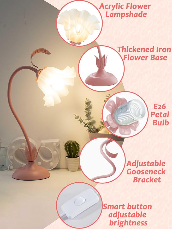 Flower Table Lamp,LED Reading Light Bedside Vintage Flower Night Light,3 Colors Modes Kawaii Bedside Lamps Decor,Living Room Bedroom Room Lighting Table Lamps Home Decoration (Pink)