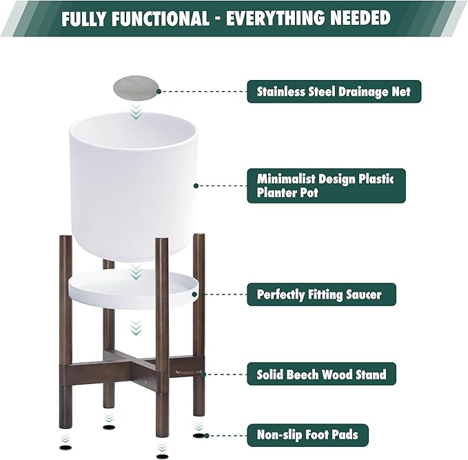 D'vine Dev Planter Pot with Stand - 10 Inch Plastic Cylinder Flower Pot with Wood Planter Holder for Indoor, Matte White Pot + Walnut Color Stand, 55-C-L-1