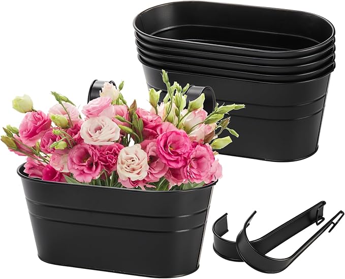 Foraineam 6 Pack Hanging Flower Pots, Metal Iron Hanging Planter Plant Pot Holders for Railing Fence Balcony, Black Hanging Bucket Pots Outdoor Porch Decors with Detachable Hooks and Drain Holes