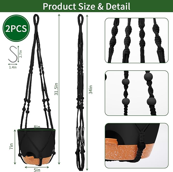 GARDIFE 8 Inch Hanging Planters with Macrame Plant Hanger for Indoor and Outdoor Plants, 2 Pack Large Self Watering Hanging Plant Pot with Basket Flower Pot with Drainage Hole, Black