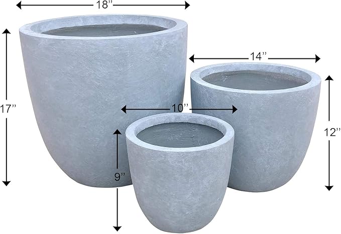 Kante 18",14",10" Dia Concrete Round Planters (Set of 3), Outdoor Indoor Large Planter Pots with Drainage Hole and Rubber Plug for Home Patio Garden, Slate Gray