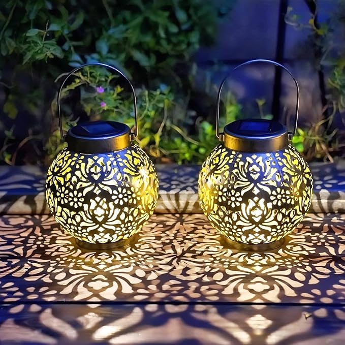 Set of 2 Outdoor Solar Hanging Lantern Lights Metal LED Decorative Lamp for Garden Patio Courtyard Lawn and Table with Hollowed-Out Design (Antique Bronze)