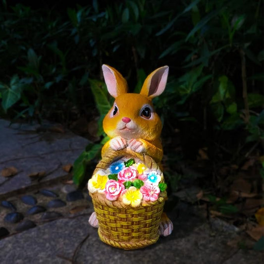 Solar Garden Statues Rabbit & Flowers Decor Outdoor Indoor with 5 LED Light, Unique for Women,Mom,Grandma,Girls, Bunny Lawn Decorations Statue for Patio,Yard Ornament,Gardening