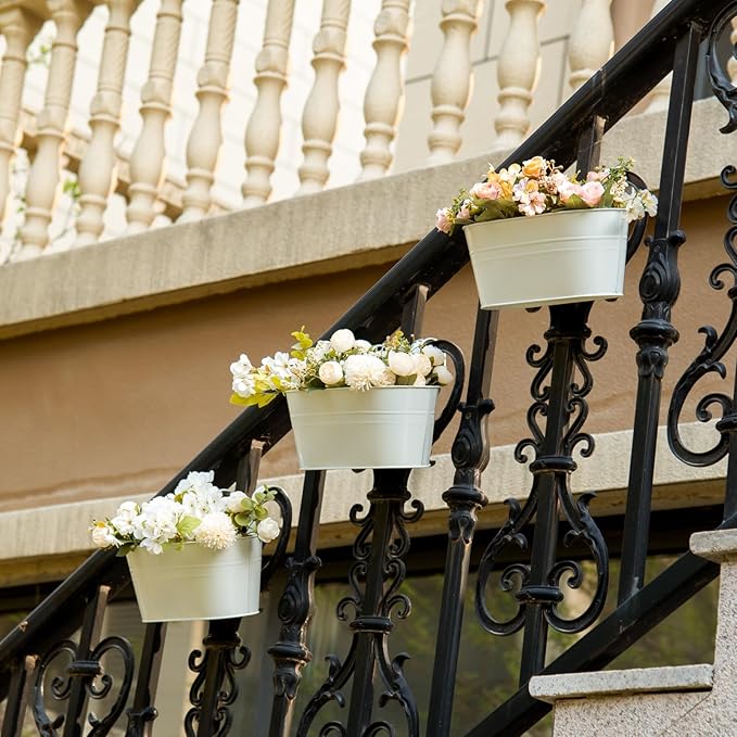 3 Pack Metal Hanging Flower Pots for Railing Fence，Outdoor Balcony Rail Planter with Detachable Hooks Drainage Holes for Deck Garden Home Decor White