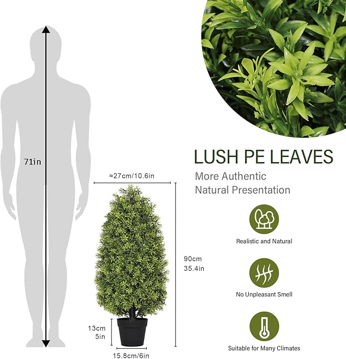 3ft Artificial Boxwood Topiary Trees (Set of 2) - UV Resistant Faux Plants for Outdoor/Indoor, Realistic 36in Fake Bushes and Shrubs for Front Porch, Planter, Patio - Low Maintenance & Evergreen