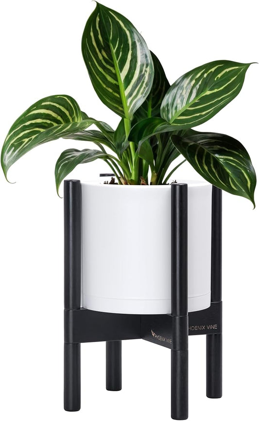 D'vine Dev Planter Pot with Stand - 8 Inch Plastic Cylinder Flower Pot with Wood Planter Holder for Indoor, Matte White Pot + Ebony Stand, 55-C-K-1